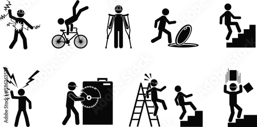 Accident pictogram man icon. Ladder falling, injury leg, bike accident pictogram sign set.