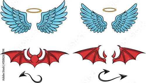 Angel and devil stylized vector illustration. Angel with wing, halo. 