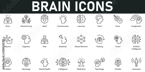 Brain Icons vector illustration with thin line editable stroke contains brainstorming, head, learning, mind, focus, mindset, psychology, meditation, neurology, imagination, cognition, thinking, neuron