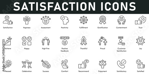 Satisfaction Icons vector illustration with thin line editable stroke contains happiness, assessment, positivity, fulfilment, gratification, contentment, trust, achieve, happy, high five, feedback