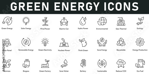 Green Energy Icons vector illustration with thin line editable stroke contain solar energy, wind power, hydropower, environment, eco fuel, sustainable, biomass, energy production, save energy, ecology