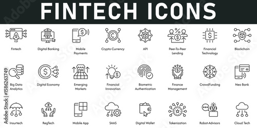 Fintech Icons vector illustration with thin line editable stroke contain digital banking, mobile payments, cloud tech, robotics, digital wallet, SAAS, app, neobank, crowdfunding, financial innovation