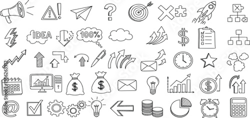 Business idea, startup doodle line icon set. Hand drawn doodle sketch line style business strategy, finance goal, startup idea concept.