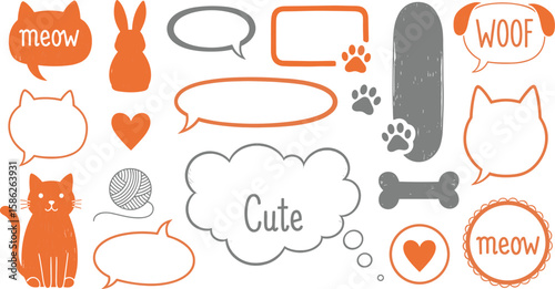 Cat dog pet frame, speech bubble cute set. Hand drawn sketch doodle line style animal pet frame design. Cat, dog paw cute talk speech bubble design.