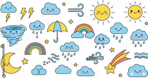 Cloud rain weather cartoon cute set. Cloud, sun, moon weather character with smile and angry face. Hand drawn doodle sketch style.