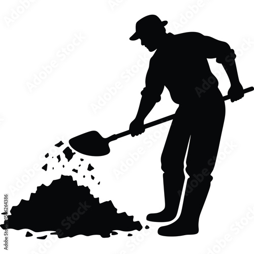 Silhouette Farmer Shoveling Soil, Agriculture Work, Black and White
