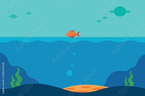 Simple illustration of an orange fish swimming near the surface of an underwater scene with seaweed and rocks.