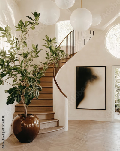 modern interior featuring spiral staircase, large round light fixtures, and decorative plant in pot. warm tones and minimalist design create stylish
