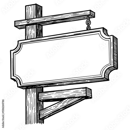Blank wooden signboard hanging from support post in rustic style  