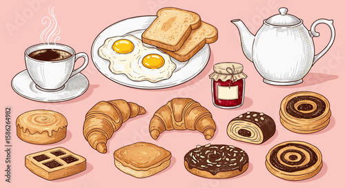 Delicious breakfast with coffee, eggs, toast, and assorted pastries  