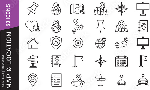 Clean outline icons for travel, mapping, and location-based design tools