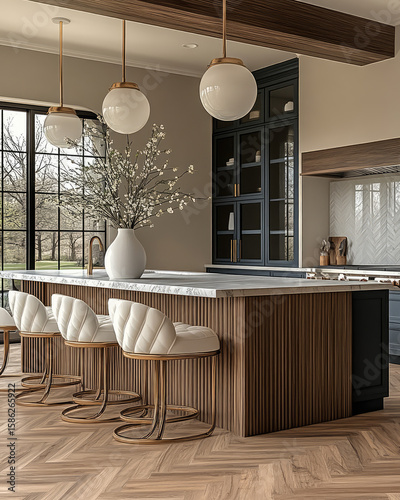modern kitchen featuring large island with marble countertop, stylish bar stools, and elegant pendant lights. design incorporates wood and glass elements, creating warm and space