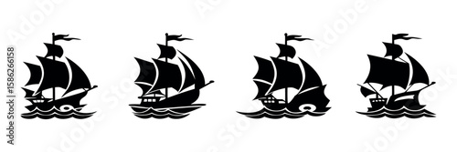 Four black sailing ships are sailing on the sea in a vector illustration.