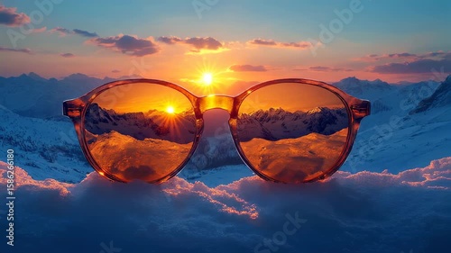 Sunset reflected in sunglasses over snowy mountains