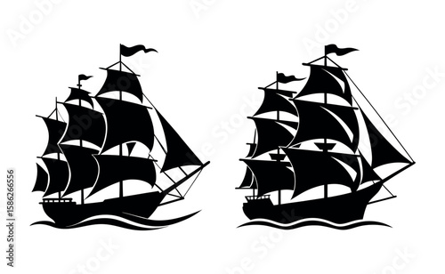 Two majestic sailing ships are silhouetted, evoking adventure and maritime history