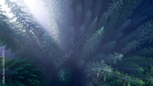 Aerial Forest Canopy: An elevated perspective showcasing a mesmerizing forest canopy, where the dense green foliage creates a dynamic interplay with the sunlight breaking through the misty atmosphere.