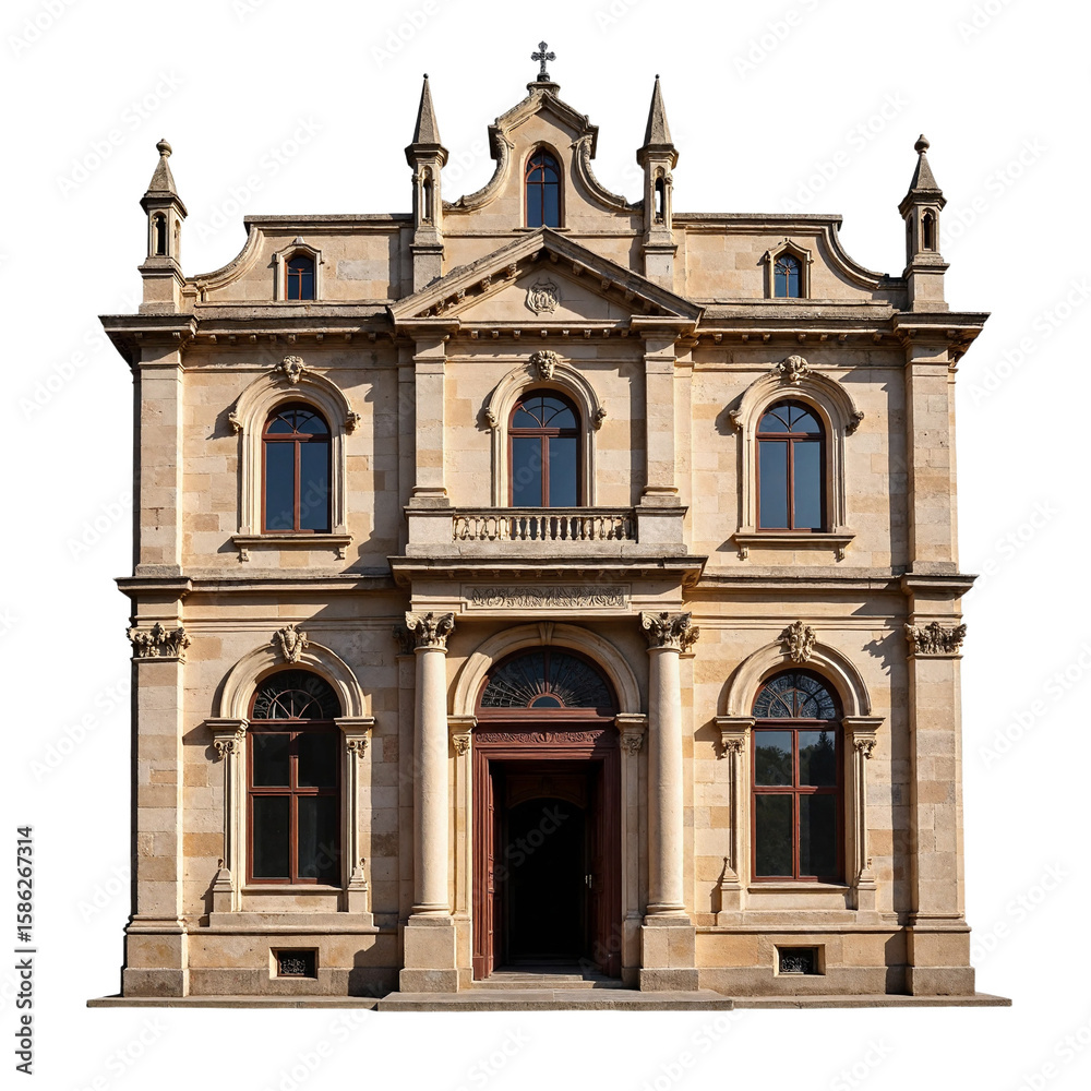 Fototapeta premium Ornate Historic Stone Building Facade Isolated on White