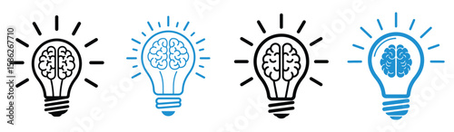 Brainstorming Idea Icon Set – Creative Light Bulb with Brain Vector for Innovation and Thinking
