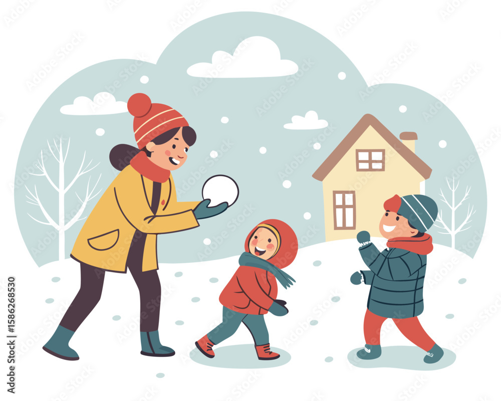 Fototapeta premium Winter Family Snowball Fight Visual | Cold Weather Fun Activity