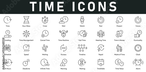Time Icons vector illustration with thin line editable stroke contains hourglass, timer, wait, watch, time management, time machine, fast time, meeting time, time is money, schedule, deadline, 24 hour