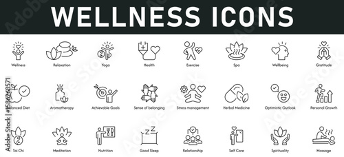 Wellness Icons vector illustration with thin line editable stroke contains relaxation, yoga, health, spa, wellbeing, gratitude, achievable goal, herbal medicine, personal growth, meditation, nutrition