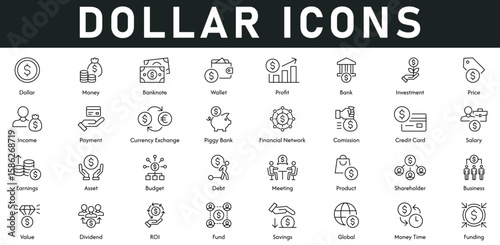 Dollar Icons vector illustration with thin line editable stroke contains money, wallet, banknote, profit, price, income, payment, commission, salary, earnings, budget, funding, saving, ROI, dividend