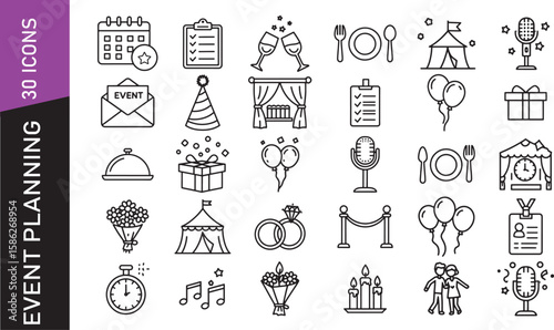 Event planning outline icon pack – minimal black line symbols for parties, weddings, and events