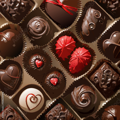 Luxurious top down arrangement of assorted chocolates perfect for gourmet food designs