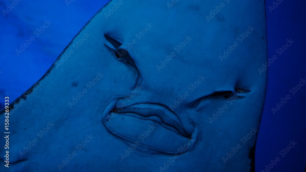 A blue fish with a mouth open and a frowning face is swimming in a blue ocean. The fish's mouth is wide open, and its eyes are closed, giving it a sad and angry expression