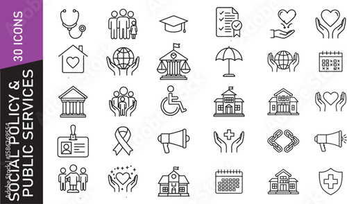 Social policy and public services icon set – outline style for health, rights, and care design