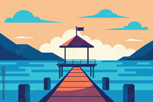 Serene lakeside gazebo with wooden pier extending into calm waters under a peaceful sunset sky.