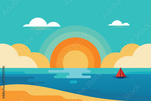 Minimalist Sunset Seascape Illustration: Calm Ocean, Sailboat, and Beach Scene Vector Art for Wallpapers & Graphic Design Projects