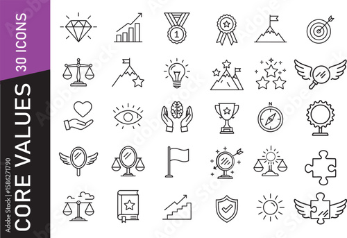 Core values outline icon set – minimal black line symbols for success, growth, and mindset
