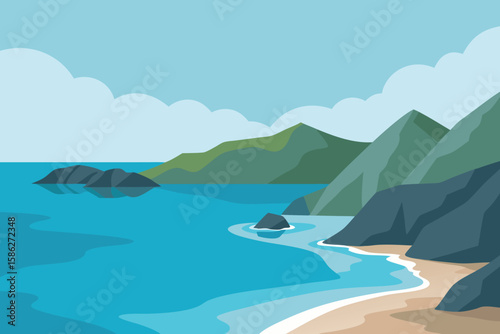 Calm coastal landscape with mountains, ocean, and beach.