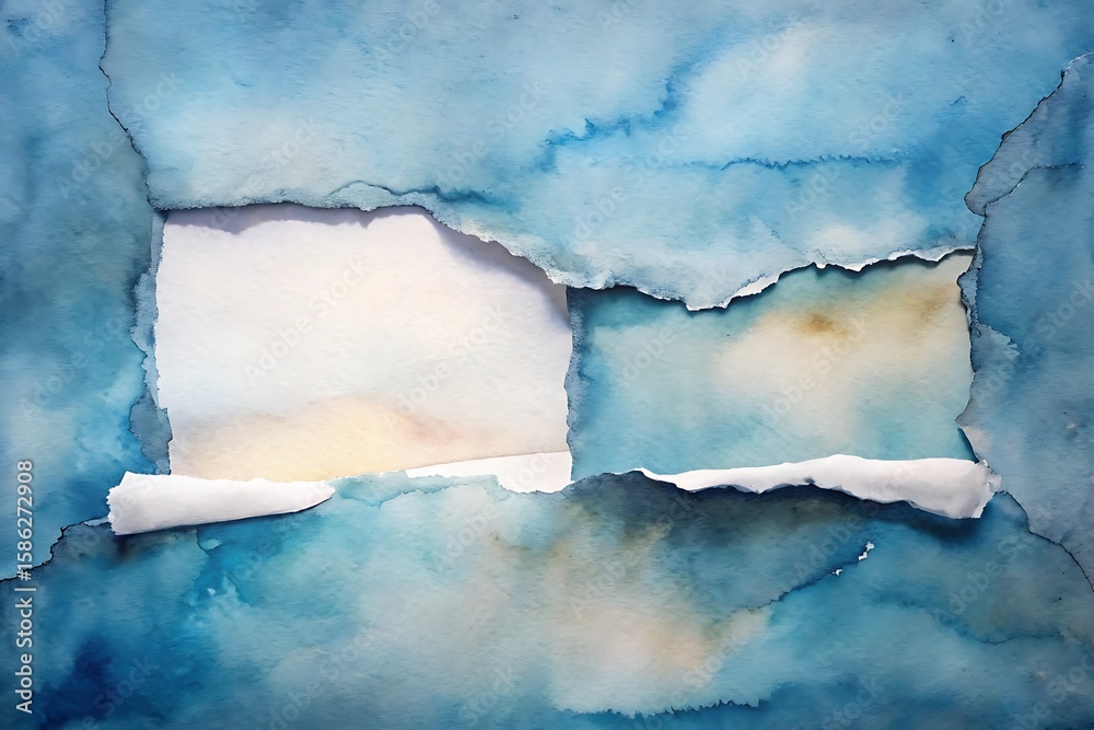 Fototapeta premium Abstract watercolor texture with torn paper edges and blue hues