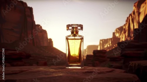 A perfume bottle sits on a rock formation, bathed in warm desert light.