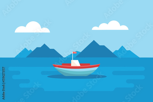 Small motorboat peacefully floats on calm ocean waters, mountains in the background under a clear sky.