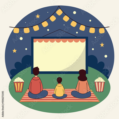 Family Watching Outdoor Movie Screen with Popcorn and Stars