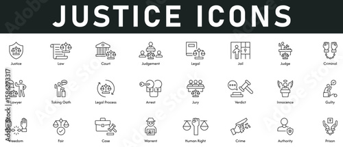 Justice Icons vector illustration with thin line editable stroke contains law, court, judgement, legal, jail, criminal, arrest, legal process, jury, authority, crime, human right, warrant, case, fair