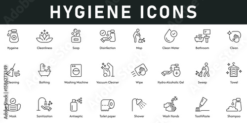 Hygiene Icons vector illustration with thin line editable stroke contains cleanliness, disinfection, MOP, clean water, bathroom, clean, vacuum cleaner, sweep, mask, towel, sanitization, wash hands