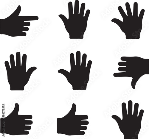 Black Hand Gestures Pointing Open Thumbs Up Down and Five Fingers Isolated on White