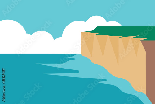 Cliffside Ocean View Illustration: Coastal Landscape with Blue Water, Green Grass, and White Clouds - Vector Graphic Seascape Art