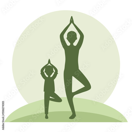 Green silhouettes of parent and child practicing yoga tree pose