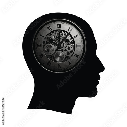 Vector art of silhouette of a human head with a clockwork mechanism inside isolated on transparent background