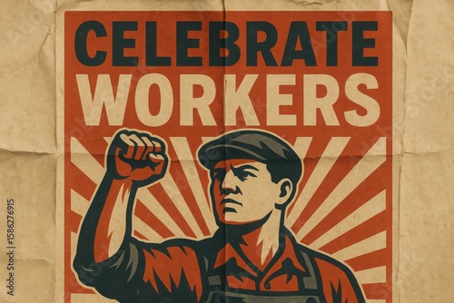 Celebrate Workers Retro Poster Vector with Heroic Pose and Vintage Typography