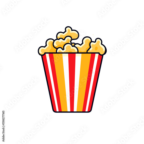 Illustration of a popcorn bucket on a transparent background, snacks, bright colors, and a movie time symbol