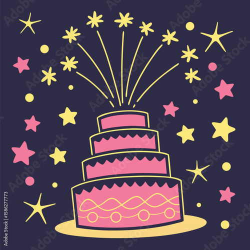 Pink Cake with Fireworks and Stars on Dark Blue Background