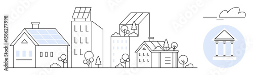 Urban and suburban buildings with solar panels, trees, and clean energy design. Ideal for sustainability, renewable energy, green living, smart cities, eco-architecture, urban planning simple flat