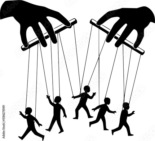 puppet show with human silhouettes manipulated by large hands, string control, monochrome vector graphic