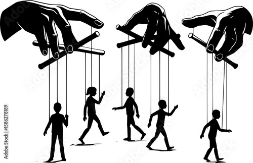 puppet show with human silhouettes manipulated by large hands, string control, monochrome vector graphic